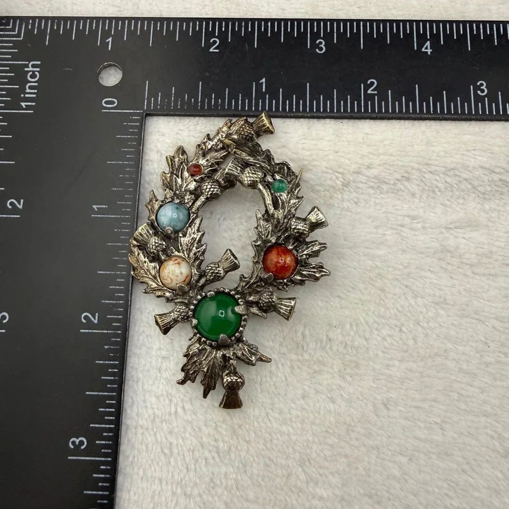 Vintage Jacobite Brooch Silver Tone Scottish Thistle Wreath Multicolor Stone